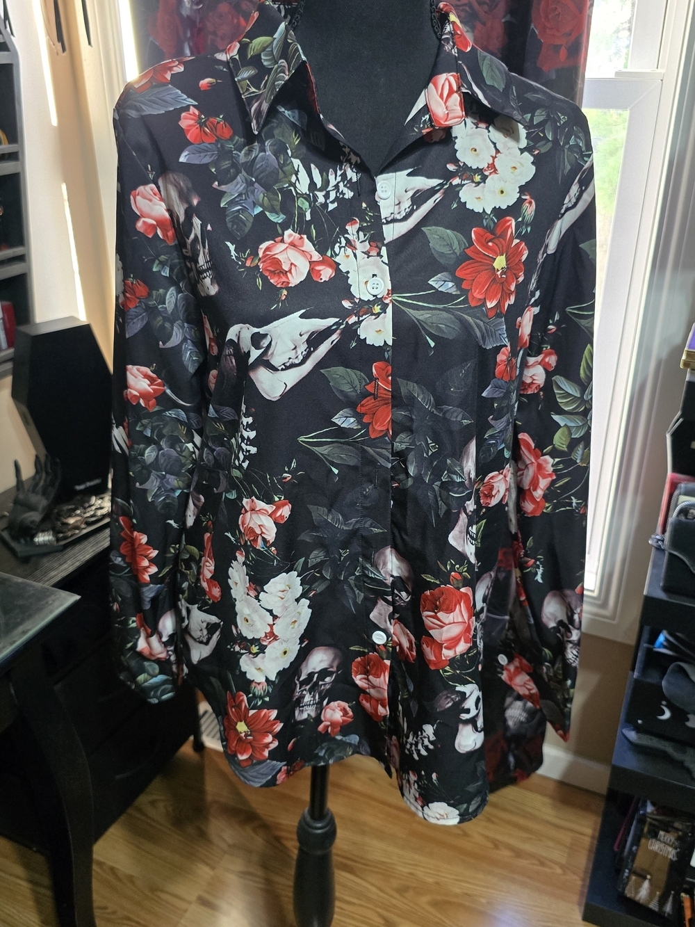 Black Floral Skull Button-Up Shirt